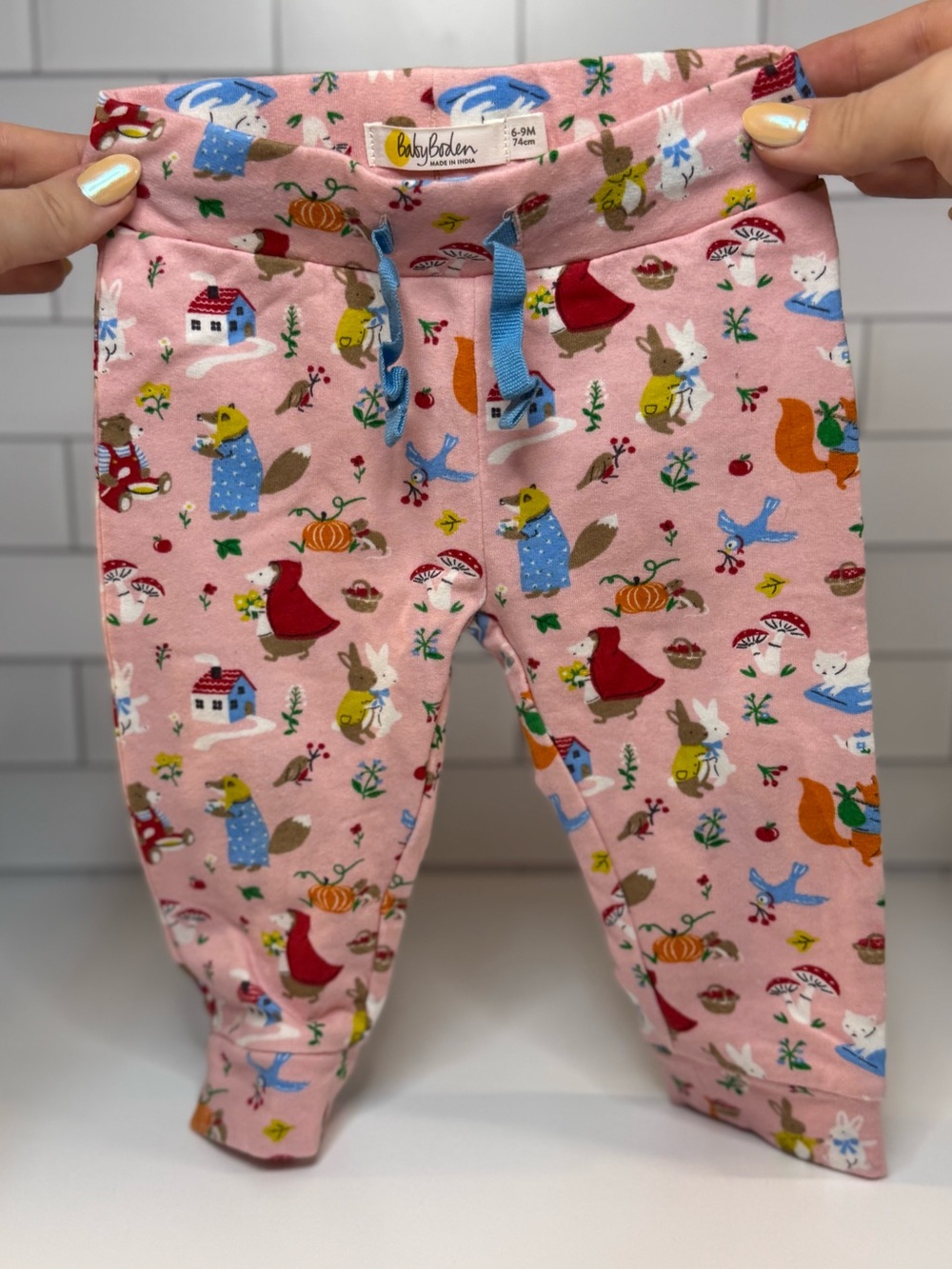 Baby Boden Pink Cottage Animal Print Joggers with Blue Drawstring